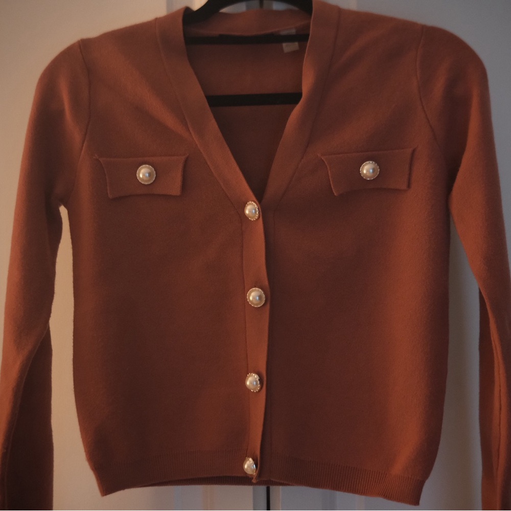 Tahari Rusty Coral Cardigan Sweater with Pearl Buttons
